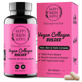 Happy Healthy Hippie frasco frontal mostrando el diseño y beneficio vegano