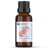 HBNO frasco frontal de aceite de geranio orgánico mostrando etiqueta