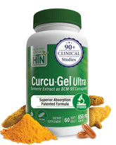 Health Thru Nutrition frasco Curcu-Gel frontal mostrando el envase y beneficio de alta absorción