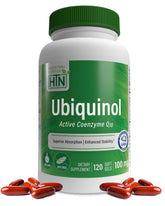 Health Thru Nutrition frasco delante de Ubiquinol mostrando etiqueta y beneficio claridad