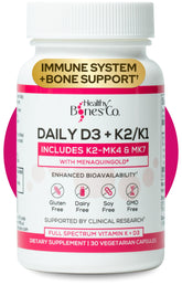 Healthy Bones Co. envase frontal claro mostrando la fórmula D3 K2 y beneficios