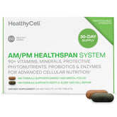 HealthyCell frente del empaque AM/PM mostrando beneficio de sistema diario