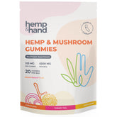 Hemp & Hand bolsa frontal mostrando 20 gominolas y beneficios de conveniencia