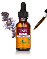 Herb Pharm frasco frente de Tulsi mostrando envase y conveniencia