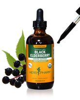 Herb Pharm frasco frontal de saúco negro orgánico muestra claridad y confianza