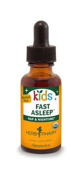 Herb Pharm frasco Fast Asleep vista frontal mostrando etiqueta clara y ventaja de uso fácil