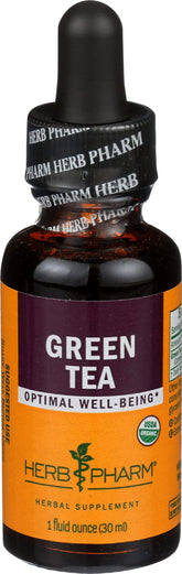 Herb Pharm botella frontal de extracto de té verde mostrando diseño y tamaño