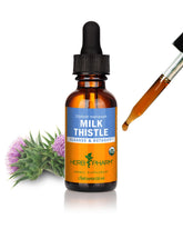 Herb Pharm frasco delantero de Milk Thistle mostrando diseño y tamaño