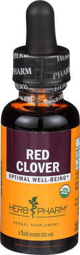 Herb Pharm envase frontal de trébol rojo mostrando sello orgánico y claridad
