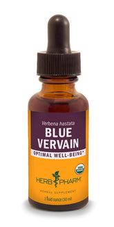 Herb Pharm frasco frontal de Vervain Azul mostrando etiqueta orgánica y volumen