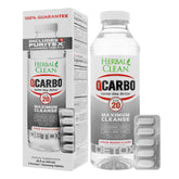 Herbal Clean empaque frontal mostrando la bebida y tabletas, facilita identificación rápida