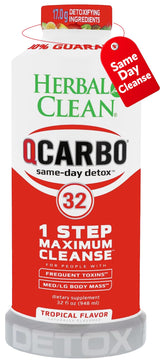 Herbal Clean Qcarbo32 vista frontal del envase mostrando sabor Tropical y tamaño