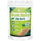 Heucves envase frontal del polvo de Slippery Elm mostrando peso y pureza