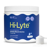 Hi-Lyte K1000 frente del empaque mostrando 50 servicios y fórmula sin sabor, claridad en ingredientes