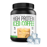 High Protein Iced Coffee frasco delantero mostrando diseño y beneficios