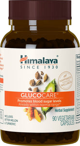 Himalaya GlucoCare vista frontal botella y cápsulas, apoyo natural diario