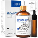 HIQILI frasco frontal ámbar con aceite de bergamota mostrando presentación segura