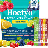 HOETYO frente del empaque mostrando 30 sobres y variedad de sabores, transporte fácil