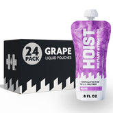 HOIST pouch frontal con sabor uva mostrando presentación portátil y beneficio de rehidratación rápida