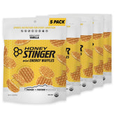 Honey Stinger empaque frontal mostrando paquete de mini waffles y beneficio portátil
