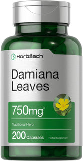 Horbäach envase frontal de Damiana Leaf Extract mostrando presentación y pureza