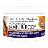 Host Defense envase frontal Brain & Body mostrando diseño y tamaño práctico
