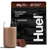 Huel envase delantero chocolate mostrando marca y conveniencia