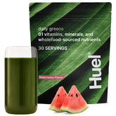 Huel Daily Greens frontal del envase que muestra el diseño y sabor sandía