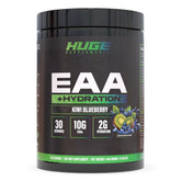 Huge Supplements envase frontal mostrando sabor kiwi blueberry y beneficios