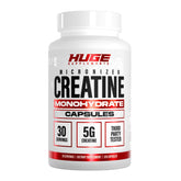 Huge Supplements envase frontal mostrando creatina en cápsulas, práctico y dosificado