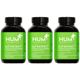 Frasco frontal de HUM Gut Instinct mostrando 90 cápsulas y etiqueta clara, confianza HUM