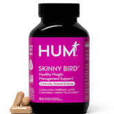 HUM botella frontal mostrando Skinny Bird y beneficios visuales