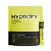 Hydrofy frente del paquete Lemon Lime mostrando presentación y ventaja sin azúcar