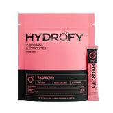 Hydrofy frontal del paquete frambuesa mostrando 25 sobres y beneficio portátil