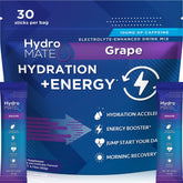 HydroMATE frente del empaque grape mostrando 30 sobres, conveniencia para viajes