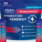 HydroMATE frente del empaque mostrando 30 sobres y beneficio portátil