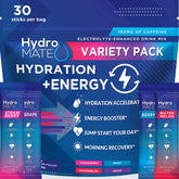 HydroMATE frente del paquete mostrando 30 sobres y conveniencia