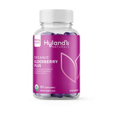 Hyland's frasco frontal mostrando gomitas orgánicas y beneficios