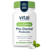 Hyperbiotics envase frontal mostrando 45 tabletas y beneficios visuales
