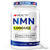 I LOVE HEALTH frasco frontal de NMN 1000 mg mostrando la etiqueta y beneficios