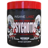 Insane Labz Psychotic vista frontal del envase con sabor sandía, beneficio: energía potente