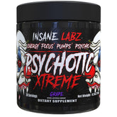 Insane Labz frasco frontal del pre-entreno uva mostrando etiqueta y beneficio energético