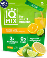 IQBAR IQMIX frente del empaque mostrando 40 sobres y sabor Lemon Lime, práctico