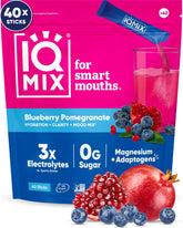IQBAR IQMIX caja frontal mostrando sobres y sabor arándano-granada, hidratación rápida