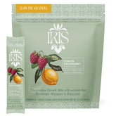 Iris empaque frontal sabor frambuesa limón mostrando beneficios y 15 sobres