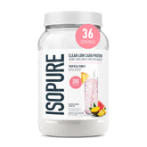 Isopure envase frontal mostrando marca y sabor tropical punch, fácil identificación