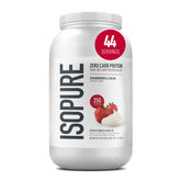 Isopure envase frontal Fresas & Crema mostrando presentación y beneficios