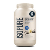 Isopure envase frontal mostrando 3 lb y sabor vainilla, práctico y nutritivo