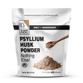 It’s Just! frente del envase de psyllium, envase grande de 4 libras con información clara