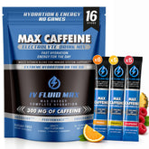 IV FLUID MAX empaque frontal mostrando 16 sobres y variedad de sabores, conveniencia inmediata